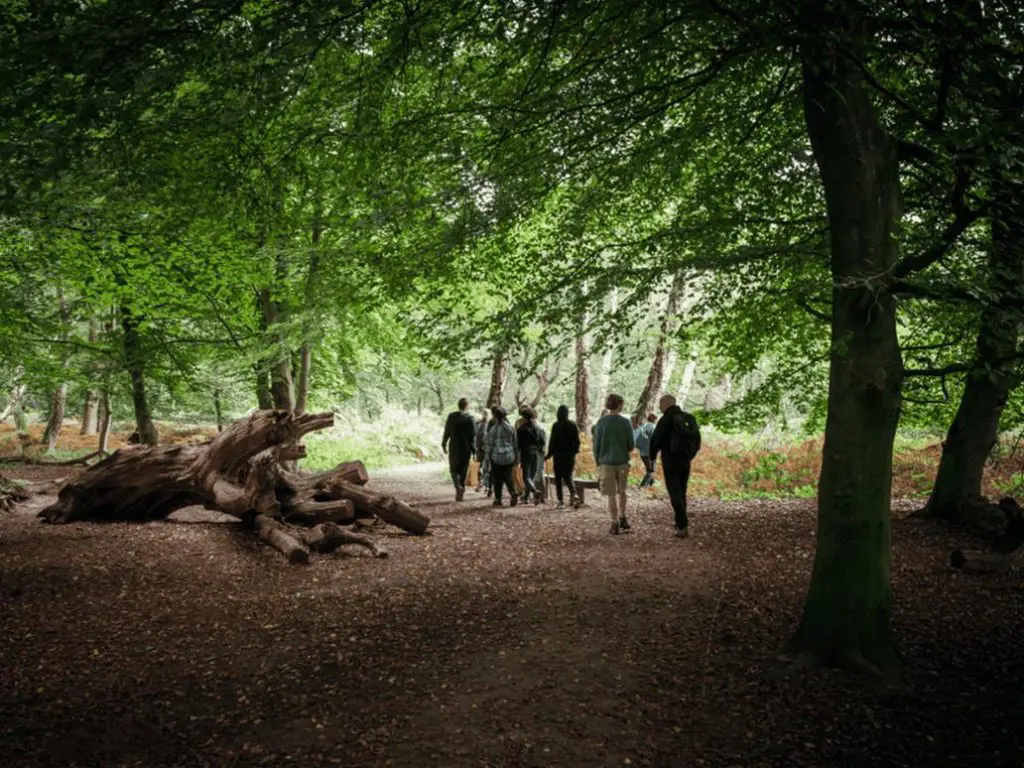 school group walking in the forest