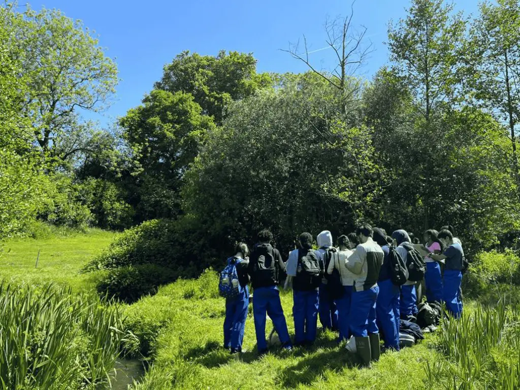 school trip students at Juniper Hall field study centre looking at trees in a field