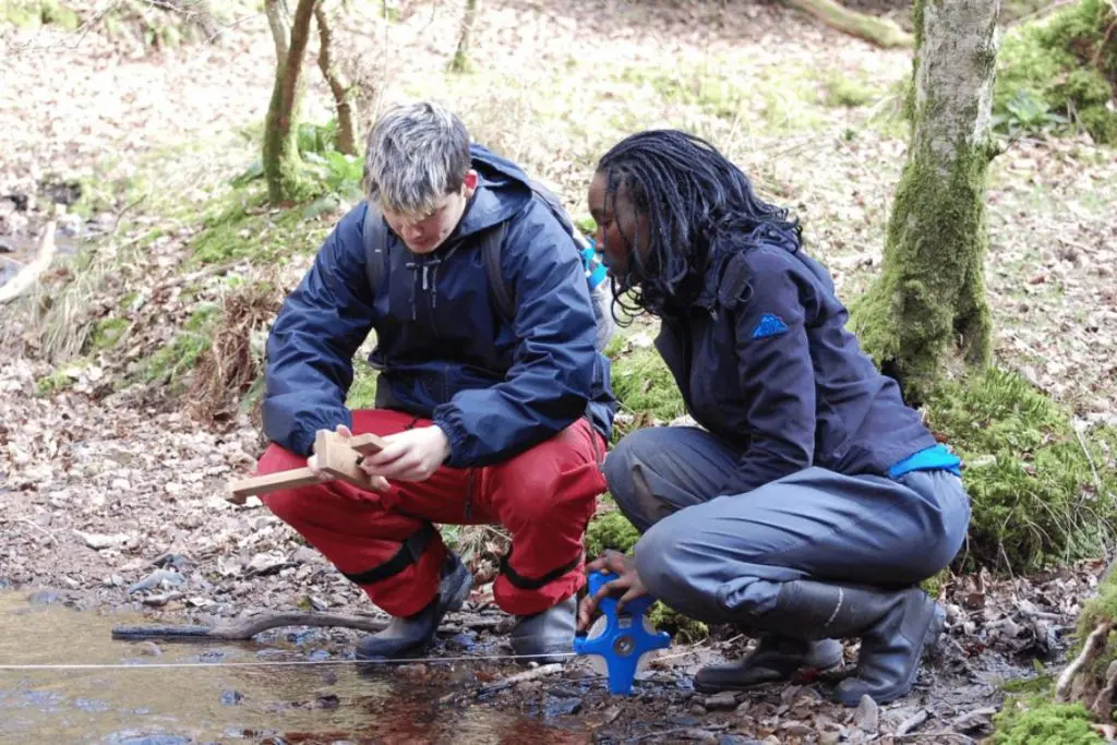 two students measuring with tools in a wooded area
