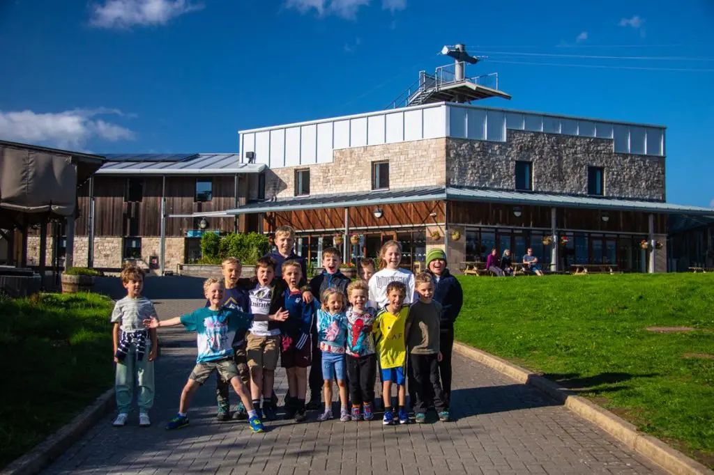 Mount Cook Outdoor Residential Adventure Centre Peak District 3 group of primary school students having a photo taken at Mount Cook residential centre
