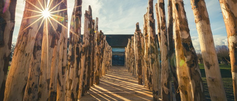 flag fen outdoor building with wooden logs for entrance