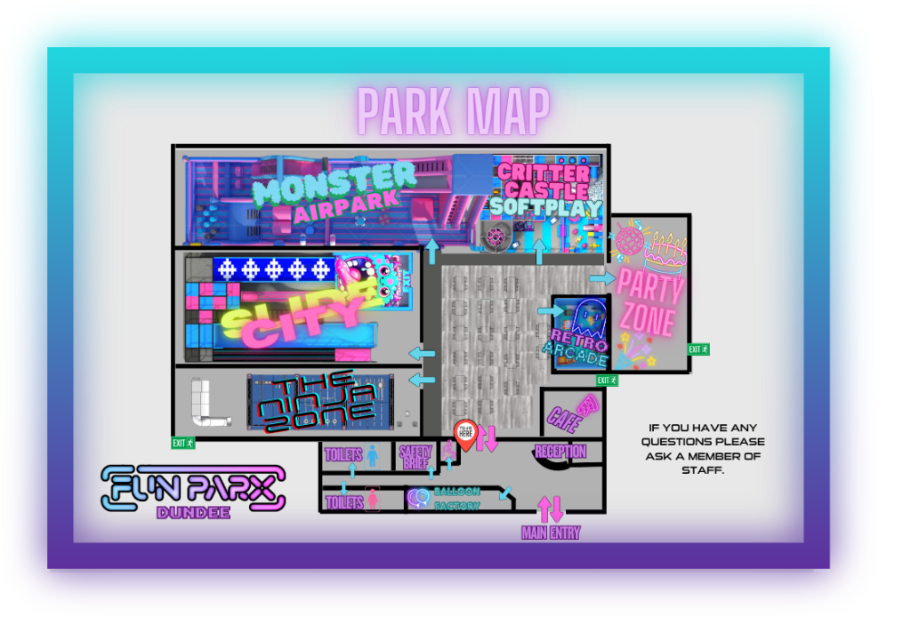a map showing the layout of an indoor adventure centre