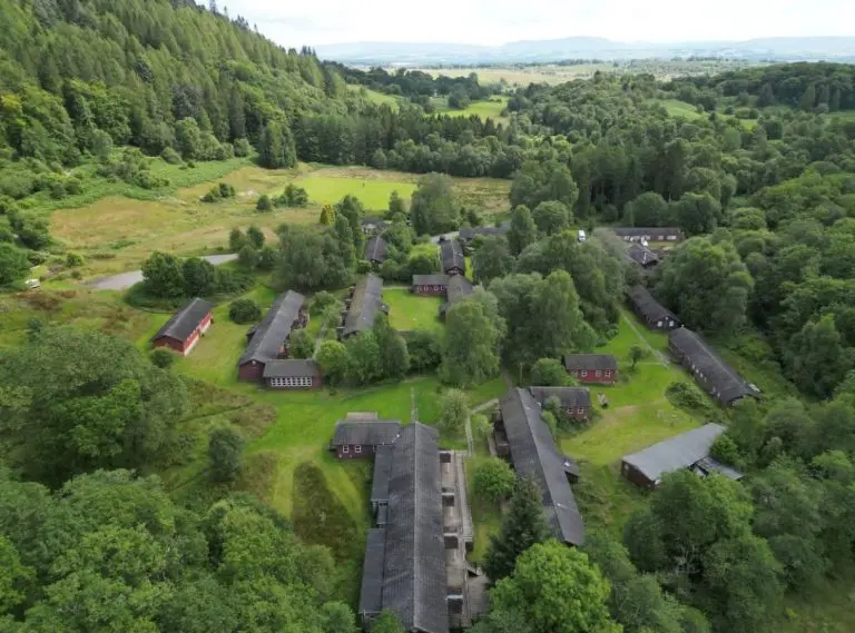 overhead picture of Dounans outdoor education centre in Scotland located between open fields, woodland and hills