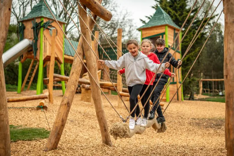 school group playing in an outdoor play park area with swings, slides and mini zip line