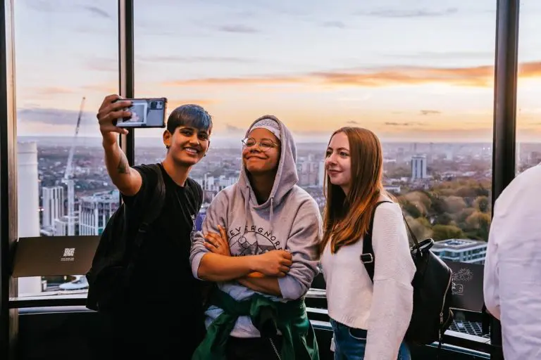 pupils at the top of the viewing tower taking a photo