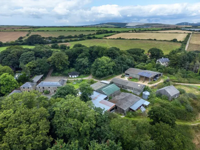 overhead drone shot of woodland valley farm