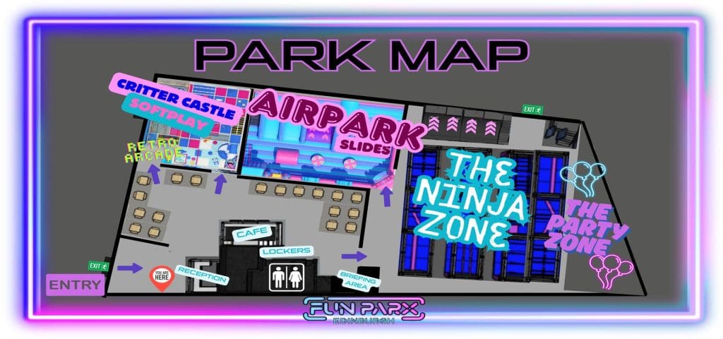 FunParx Indoor Adventure Centre Edinburgh 5 poster showing the inside layout of FunParx indoor adventure play park Edinburgh