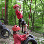 primary pupils on a low ropes course