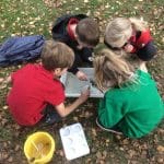 school trip students looking at the ground on a filed study trip