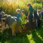 primary school students outside in nature doing field studies