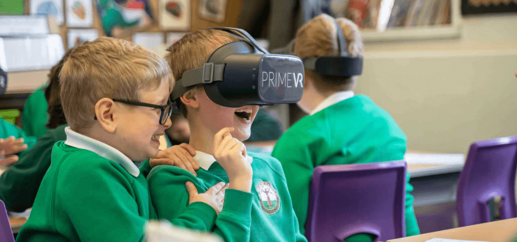 school pupils in class wearing VR headset