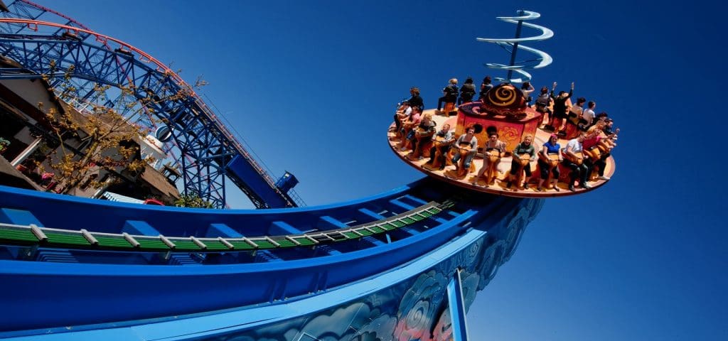 Blackpool Pleasure Beach Theme Park 1 school group at theme park on a ride