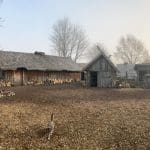 Celtic farm village with wooden huts and farm animals