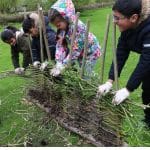 students making a stick woven wall