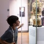 school pupil looking at a trophy cabinet