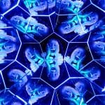 student looking in mirrors that reflect faces in different shapes