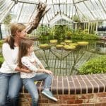 mother and child inside a glass room with tropical water flowers in a large pond area