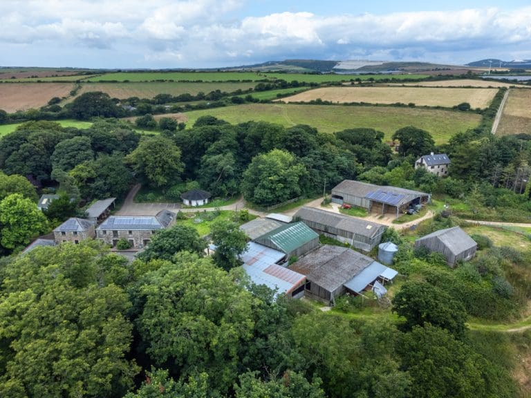 overhead drone shot of woodland valley farm