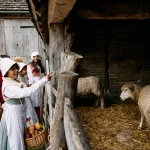 school pupils dressed in Tudor working clothes