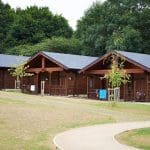 external drone shot of door lodge cabins
